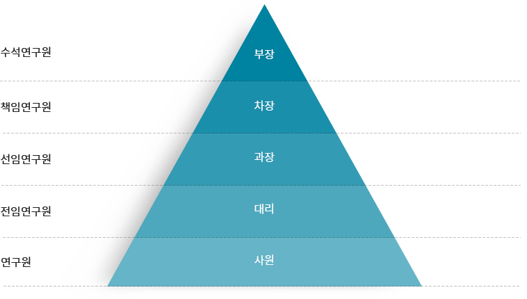 사원(연구원) - 대리(전임연구원) - 과장(선임연구원) - 차장(책임연구원) - 부장(수석연구원)